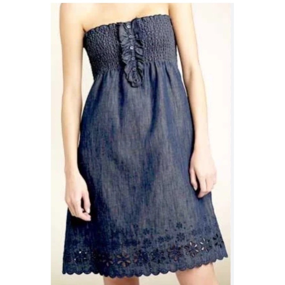 Juicy Couture Strapless Denim Smocked Eyelet Hem Midi Dress Dark Wash Y2K Sz L